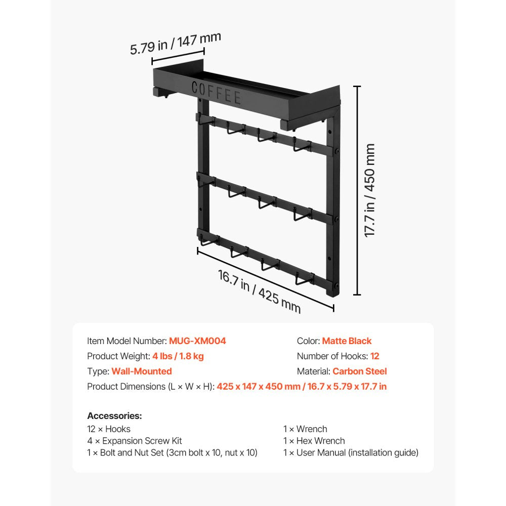 VEVOR Coffee Mug Holder Wall Mounted, 12 Movable Hooks Coffee Cup Hanger for Wall, Carbon Steel Mug Rack with Top Shelf, Coffee Bar Accessories & Organizer, Mug Display for Home Kitchen (Matte Black)