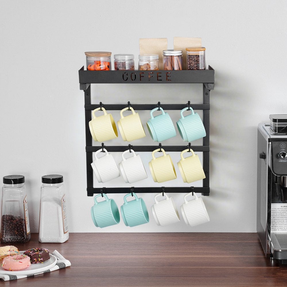 VEVOR Coffee Mug Holder Wall Mounted, 12 Movable Hooks Coffee Cup Hanger for Wall, Carbon Steel Mug Rack with Top Shelf, Coffee Bar Accessories & Organizer, Mug Display for Home Kitchen (Matte Black)