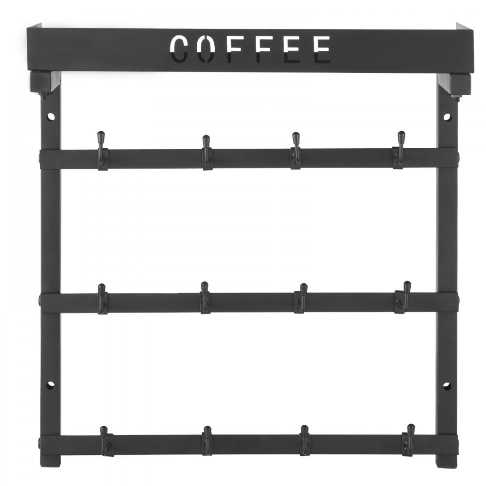 VEVOR Coffee Mug Holder Wall Mounted, 12 Movable Hooks Coffee Cup Hanger for Wall, Carbon Steel Mug Rack with Top Shelf, Coffee Bar Accessories & Organizer, Mug Display for Home Kitchen (Matte Black)