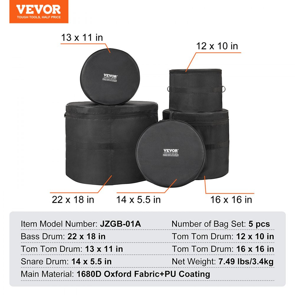 VEVOR 5-Piece Drum Bag Kit, Durable 1680D Oxford Material, Cushioned Cases with 1.5m Removable Shoulder Strap and Carry Handles, Collapsible, Fits 22'' Bass, 12''/13''/16'' Toms, 14'' Snare