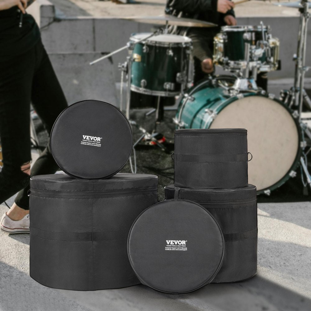 VEVOR 5-Piece Drum Bag Kit, Durable 1680D Oxford Material, Cushioned Cases with 1.5m Removable Shoulder Strap and Carry Handles, Collapsible, Fits 22'' Bass, 12''/13''/16'' Toms, 14'' Snare