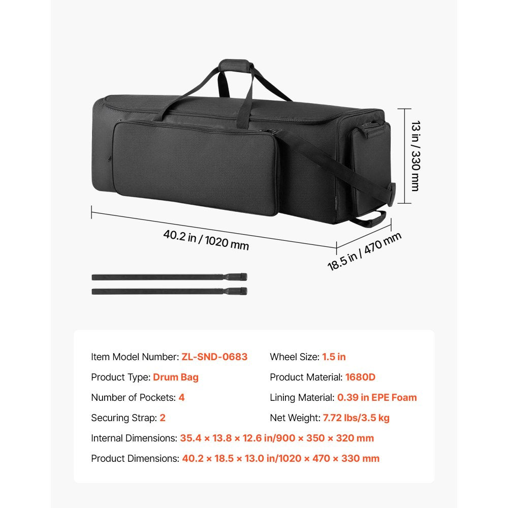 VEVOR Drum Hardware Bag with Wheels, 1680D, Drum Set Equipment Carry Bag, Carrying Case with Sturdy Handle, Durable Zipper, Smooth PVC Wheels, Multiple Pockets, for Hardware and Stand Accessory, Black