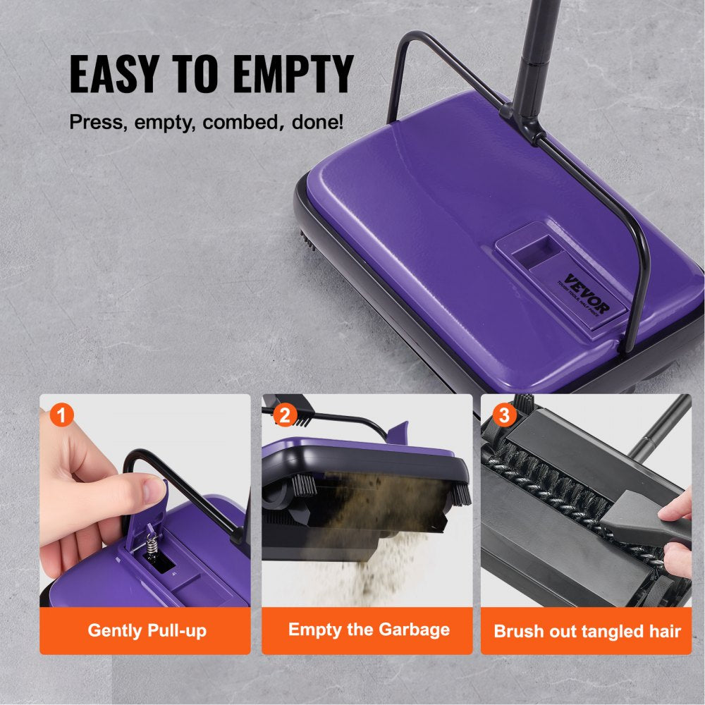 VEVOR Carpet Sweeper Manual, Floor Sweeper with 300 ml Dustbin Capacity Easy to Empty, 6.7 inch Cleaning Width for Home Office Carpets Pet Hair Dust, Purple