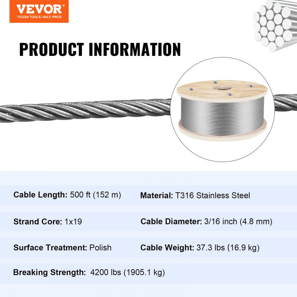 VEVOR 316 Stainless Steel Wire Rope 500ft Length, Steel Wire Cable 3/16 Inch, Steel Cable Railing Decking With 1x19 Strands Construction, 4700lbs Breaking Strength For Stair, Handrail, Clothesline