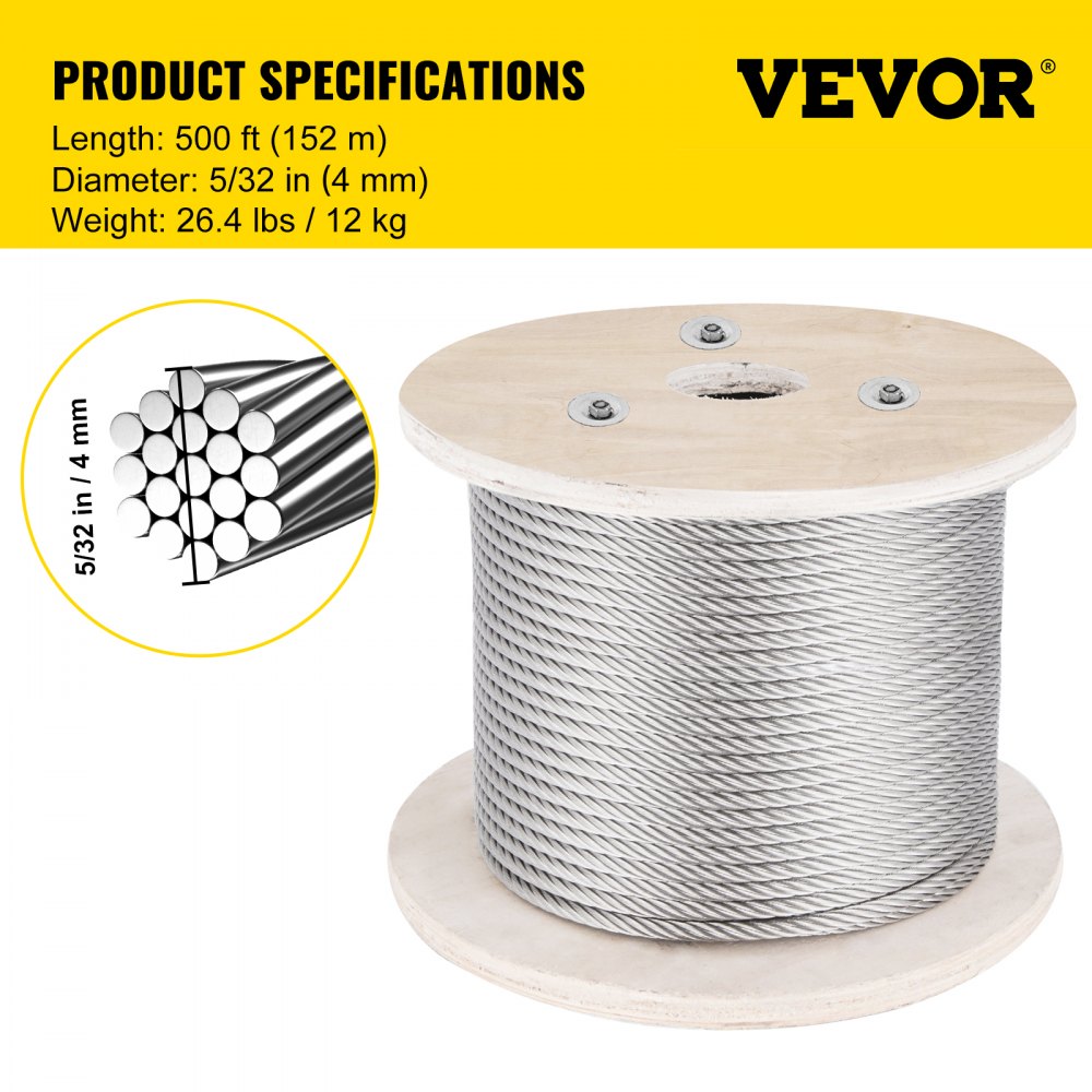 VEVOR 316 Stainless Steel Cable, 500FT Stainless Steel Wire Rope of 5/32 Inch Diameter and 1x19 Construction, 3300 LBS Breaking Strength Steel Cable for Outdoor Railing Decking DIY Balustrade