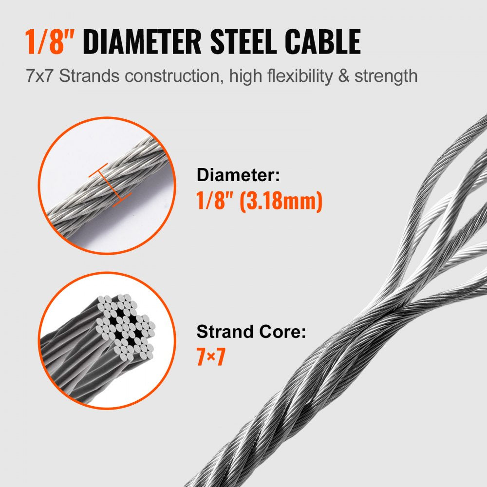 VEVOR T316 Deck Railing Cable, 1/8" Stainless Steel Wire Rope 300 ft with Cutter Kit, 7x7 Strands Construction Marine Aircraft Grade for Handrail Stair Decking Fence Outdoors
