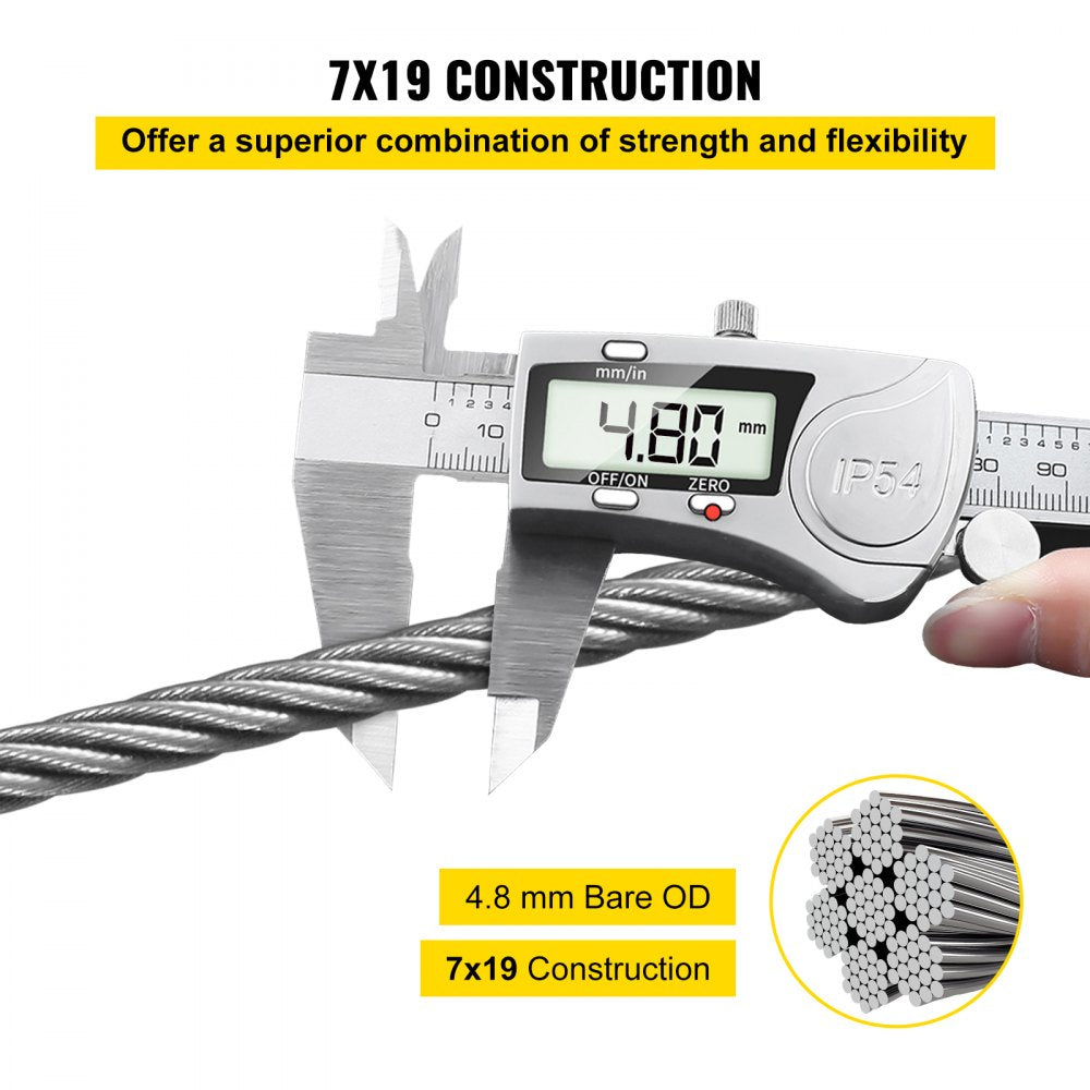 304 Stainless Steel Wire Rope Cable, 3/16", 7x19, 250 ft reel