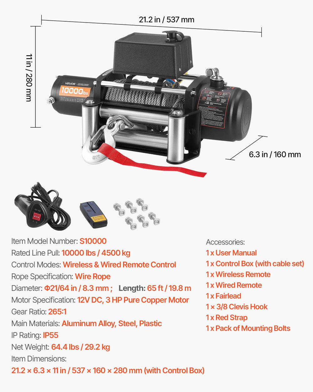VEVOR S10000 electric winch dimensions and included accessories overview