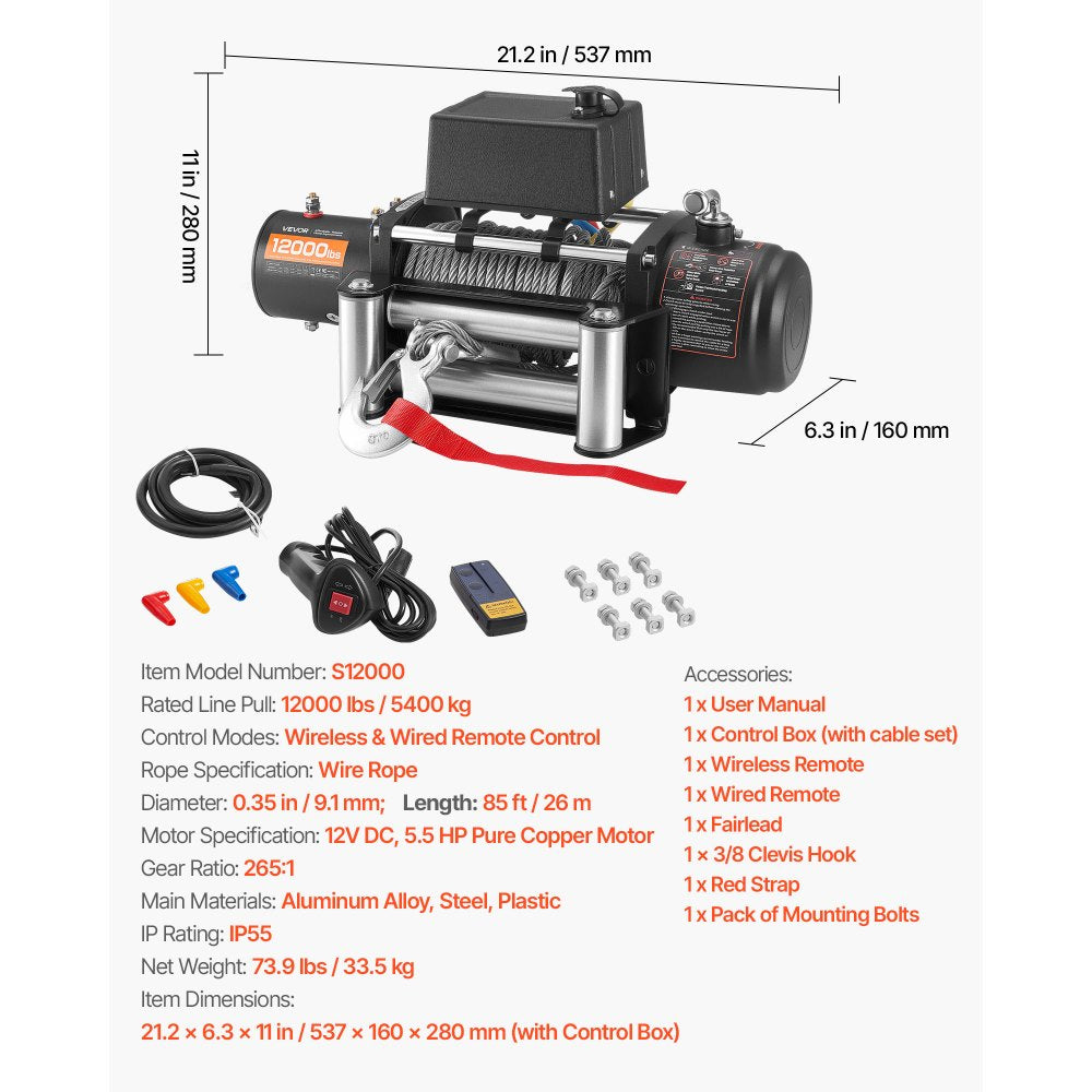 VEVOR Electric Winch, 12000 lbs Load Capacity, 12V DC Truck Winch with Φ7/20 in x 85 ft Steel Rope, Wireless & Wired Remote Control, Suitable for Towing SUV Jeep Trailer Boat Off-Road Vehicle