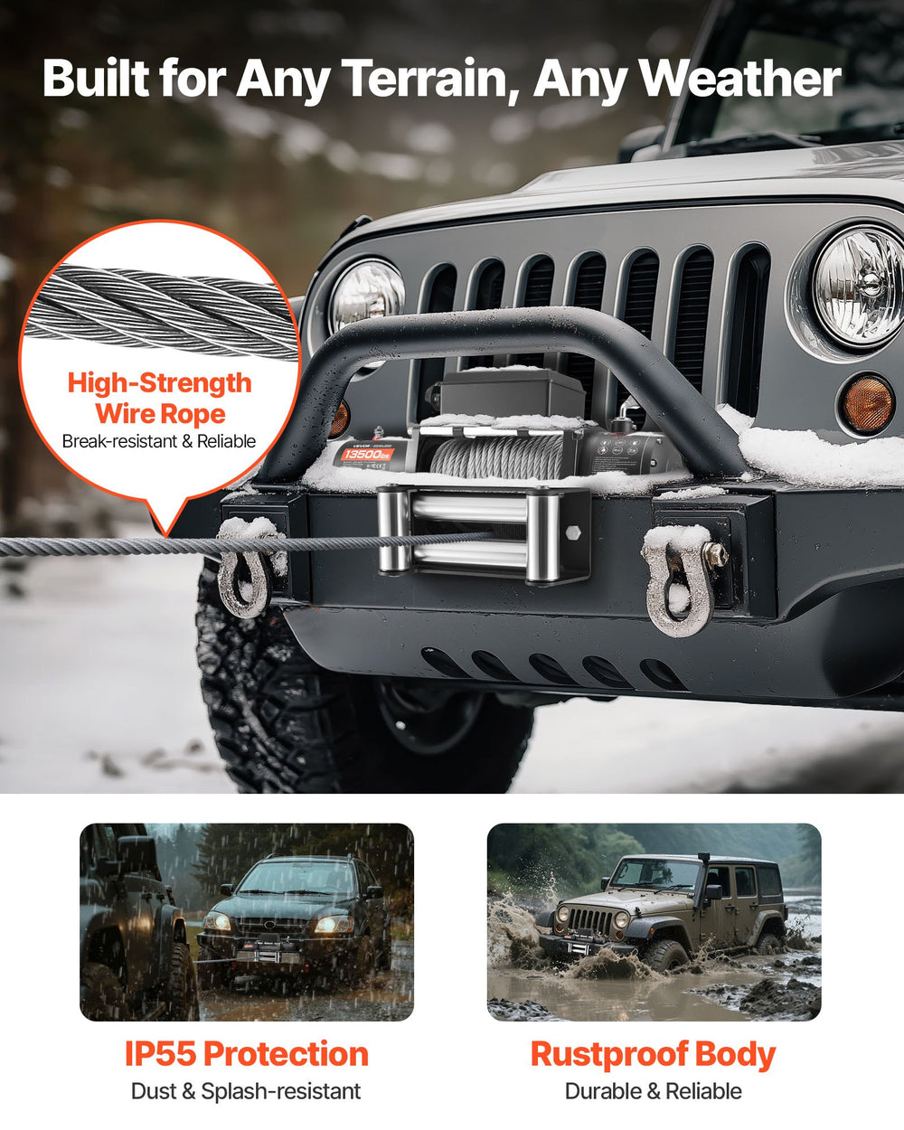 Built for any terrain, any weather - IP55 protection, rustproof body, wire rope