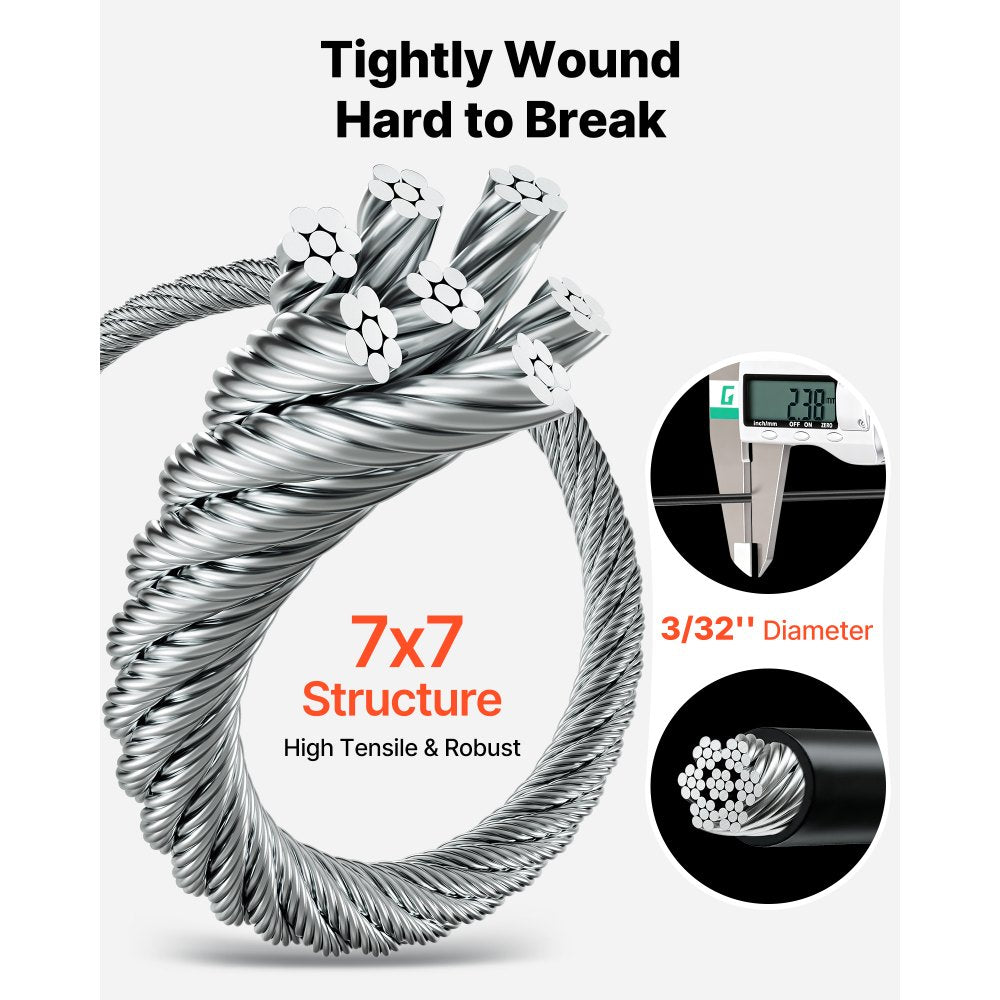 VEVOR 3/32 Inch Wire Rope Kit, 165 ft Length, 304 Stainless Steel Wire Cable, 450 lbs Breaking Strength, 7 x 7 Strands Construction, Steel Cable for Deck Railing System, Garden Trellis, String Lights
