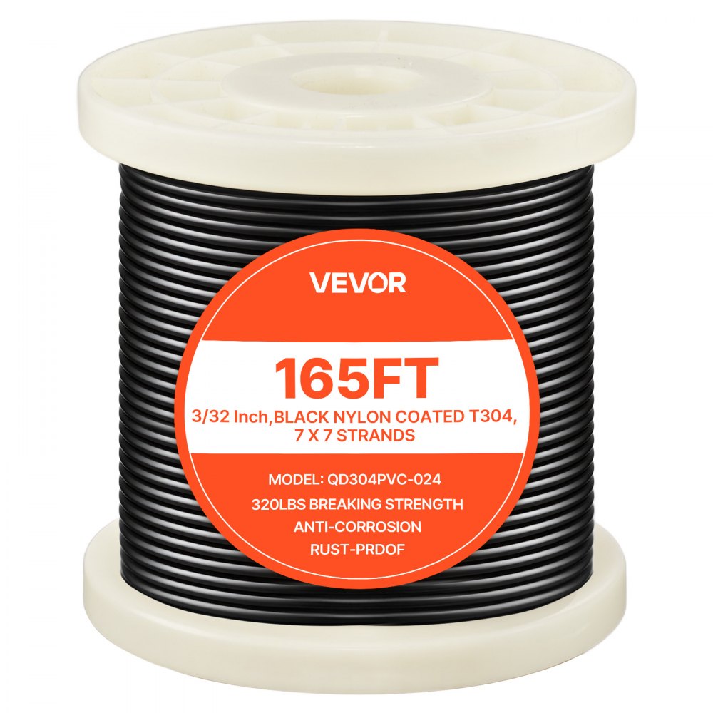VEVOR 3/32 Inch Wire Rope Kit, 165 ft Length, 304 Stainless Steel Wire Cable, 450 lbs Breaking Strength, 7 x 7 Strands Construction, Steel Cable for Deck Railing System, Garden Trellis, String Lights