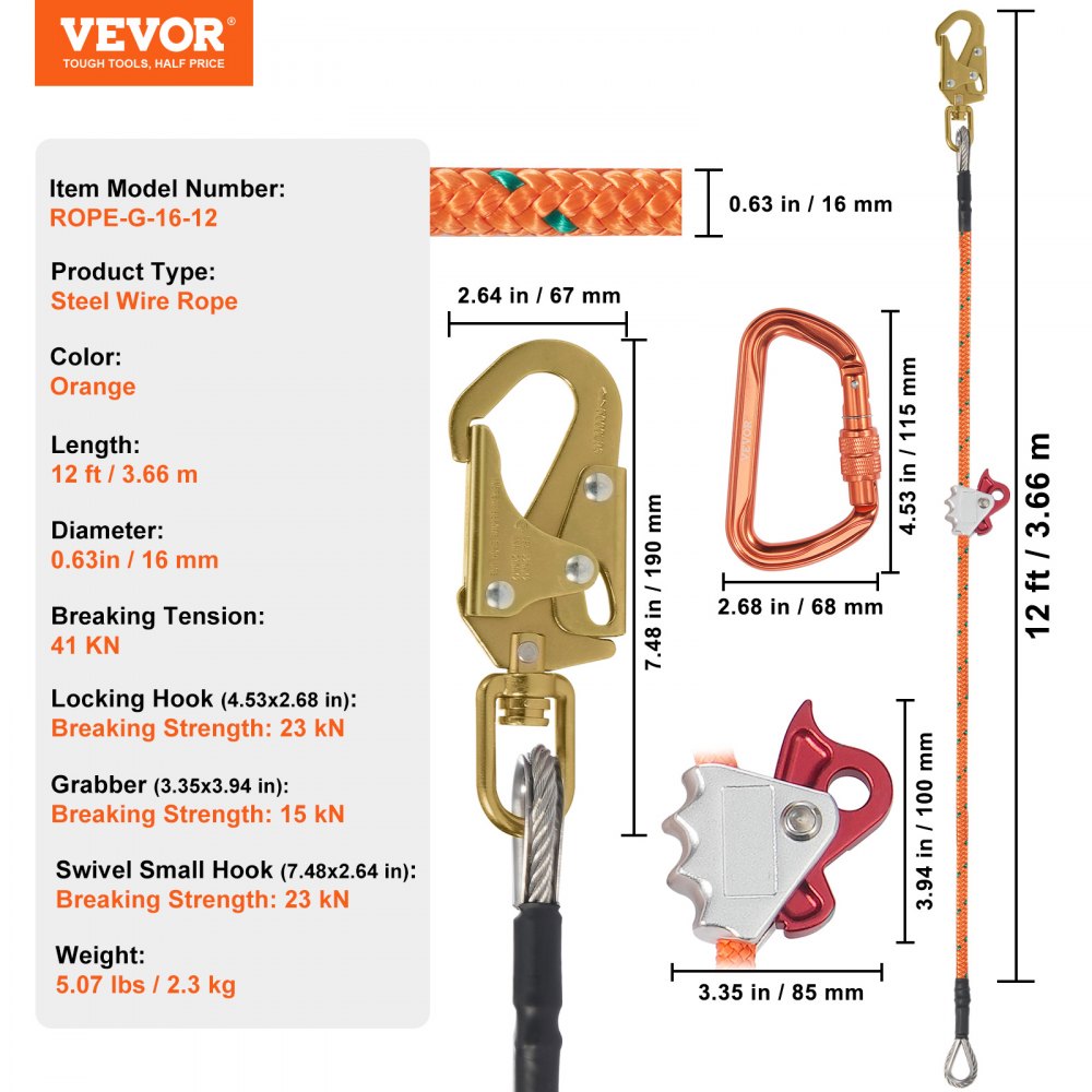 VEVOR 16mm Steel Core Flipline, 12ft(3.6m) Arborist Flipline, Flip Line for Tree Climbing with Alloy Steel Snap Hook & Aluminum Alloy Carabiner, 30KN Breaking Tension for Fall Protection, Tree Climber