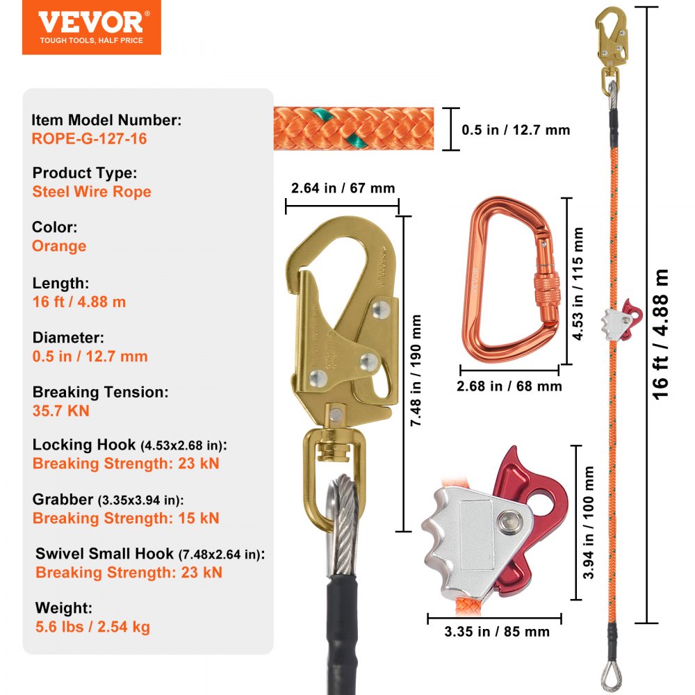 VEVOR 12.7mm Steel Core Flipline, 16ft(4.8m)Arborist Flipline for Tree Climbing with Alloy Steel Snap Hook & Aluminum Alloy Carabiner, 30KN Breaking Tension for Fall Protection, Tree Climber