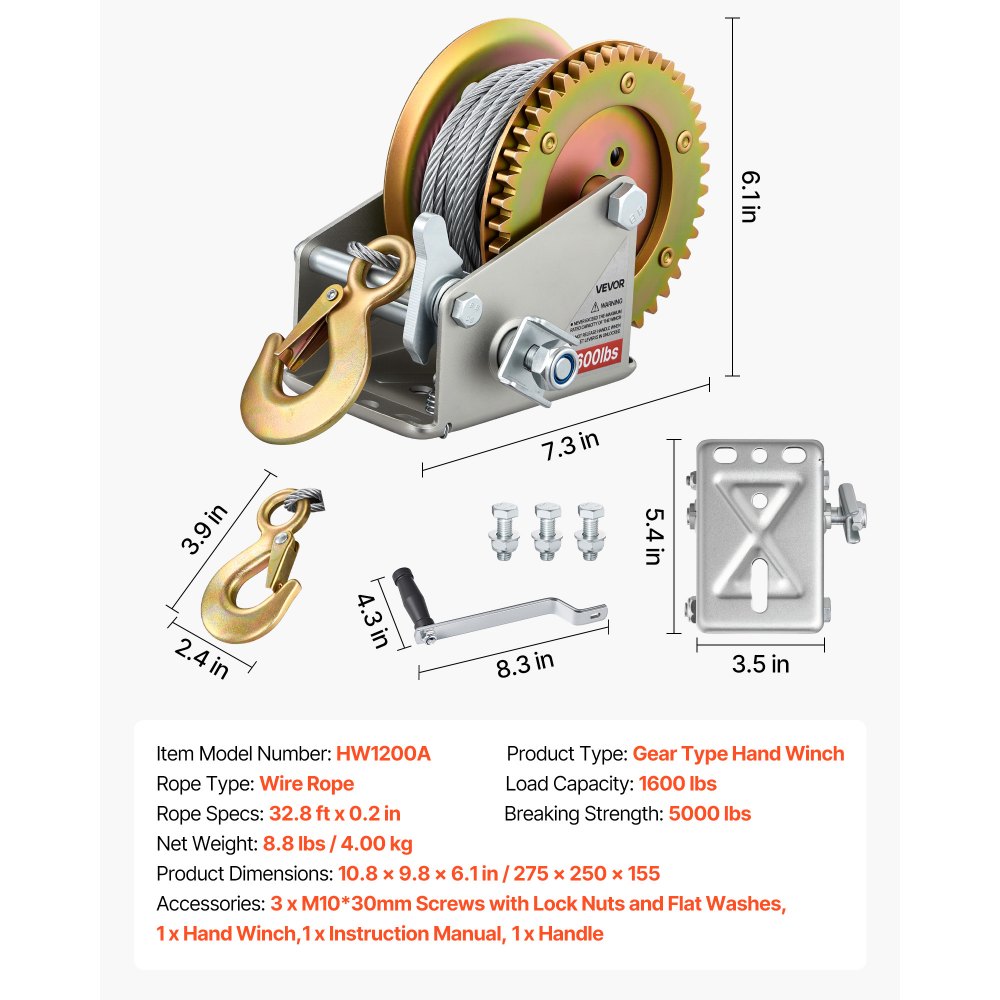 VEVOR Boat Winch, 1600 lbs Hand Winch, Heavy Duty Manual Rope Crank with 32.8ft Steel Wire, Portable Two-Way Ratchet, Anti-Slip Handle, Easy Installation Gear for Boat Trailer ATV Towing