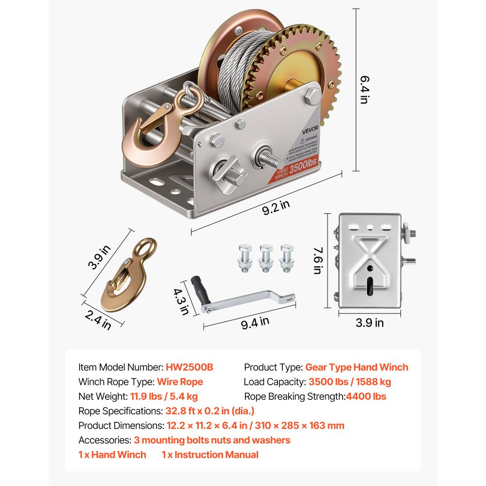 VEVOR Boat Winch, 3500 lbs Hand Winch, Heavy Duty Manual Rope Crank with 32.8ft Steel Wire, Portable Two-Way Ratchet, 2 Speed Switchable, Anti-Slip Handle Gear for Boat Trailer ATV Towing