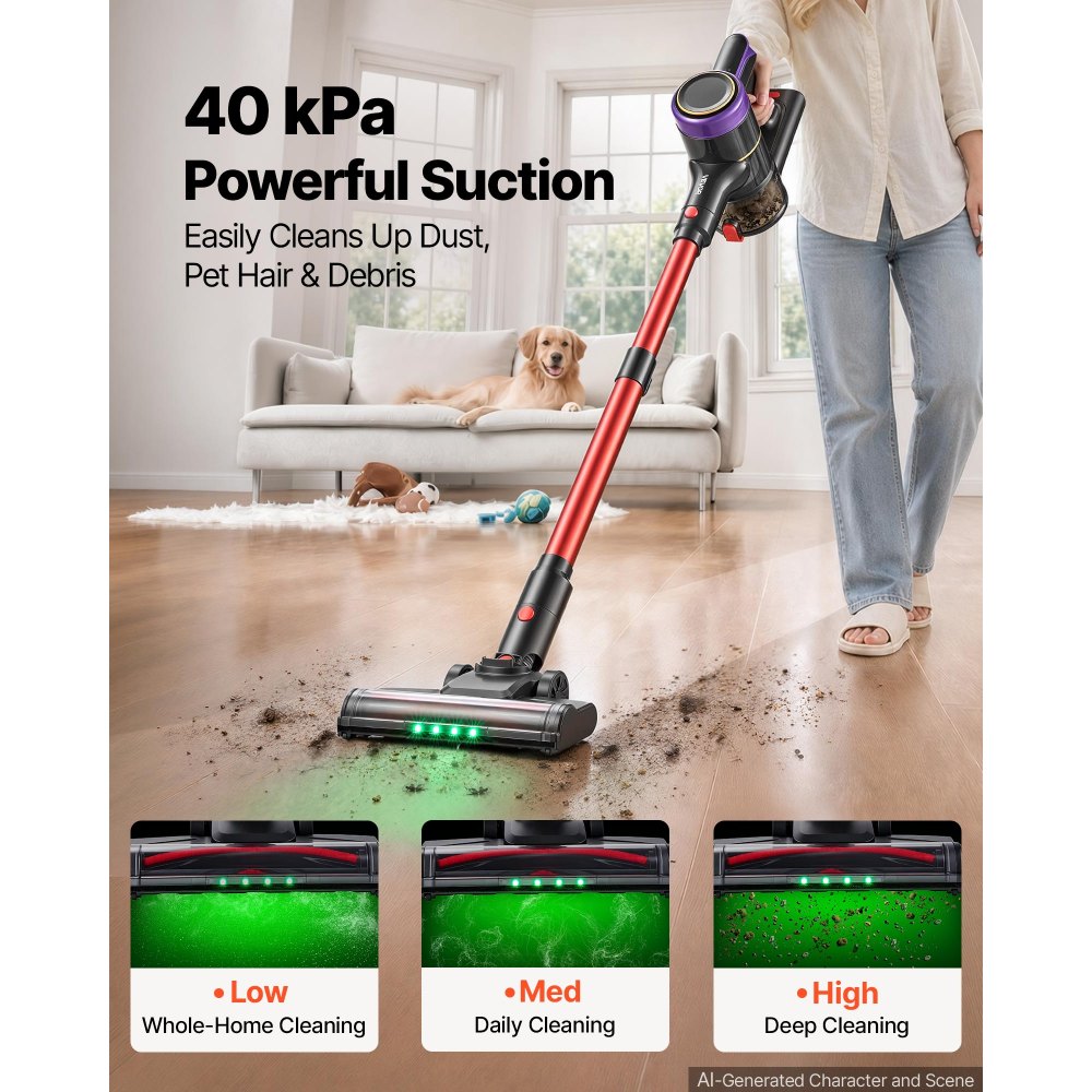VEVOR Cordless Vacuum Cleaner 400W 40kPA Cordless Stick Vacuum Cleaner, For Home Hard Floor Carpet Pet Hair, 45-Min Runtime, Rechargeable, Lightweight Handheld, with LED Display, 4 Brush Heads