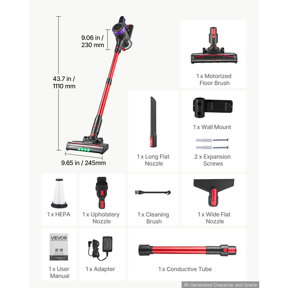 VEVOR Cordless Vacuum Cleaner 400W 40kPA Cordless Stick Vacuum Cleaner, For Home Hard Floor Carpet Pet Hair, 45-Min Runtime, Rechargeable, Lightweight Handheld, with LED Display, 4 Brush Heads