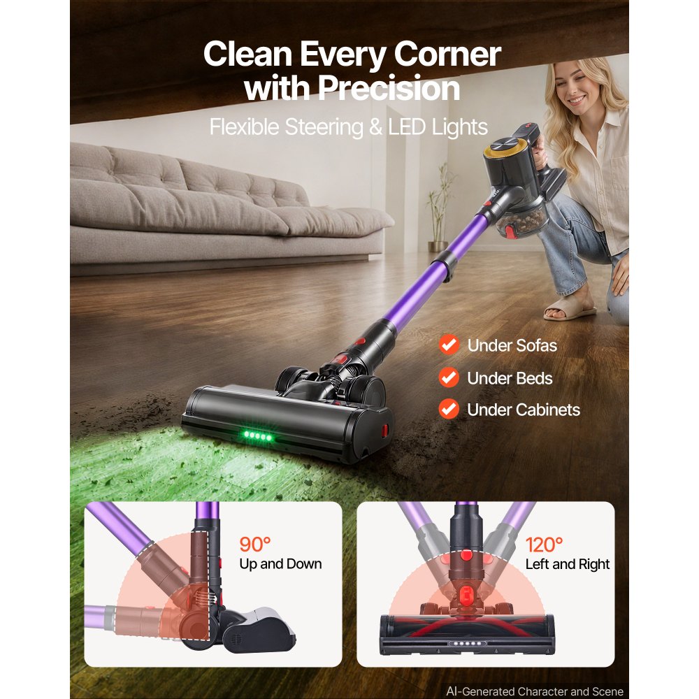 VEVOR Cordless Vacuum Cleaner 500W 50kPA Cordless Stick Vacuum Cleaner, For Home Hard Floor Carpet Pet Hair, 45-Min Runtime, Rechargeable, Lightweight Handheld, with LED Display, 5 Brush Heads