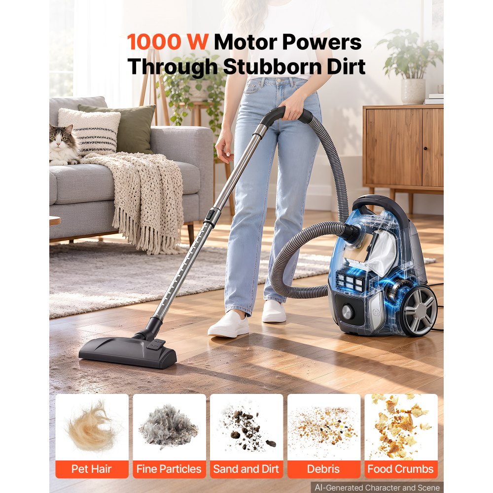 VEVOR Canister Vacuum Cleaner 1000 W 17 kPa Portable Bagged Canister Vacuum, for Carpets, Hardwood Floors, Pet Hair, Adjustable Strong Suction, HEPA Filtration, 3 Collection Bags, Hose, Attachments