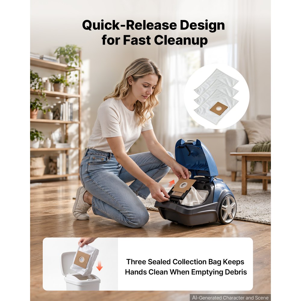 VEVOR Canister Vacuum Cleaner 1000 W 17 kPa Portable Bagged Canister Vacuum, for Carpets, Hardwood Floors, Pet Hair, Adjustable Strong Suction, HEPA Filtration, 3 Collection Bags, Hose, Attachments