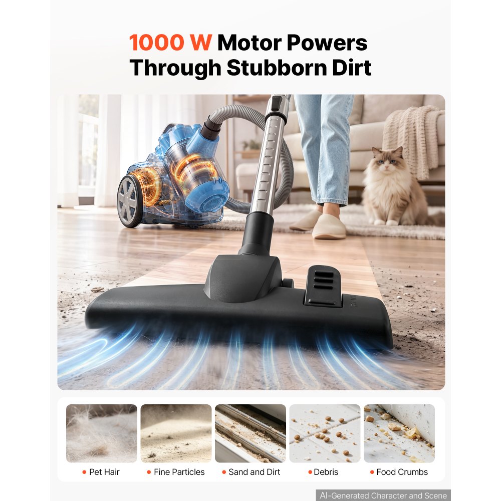 VEVOR Canister Vacuum Cleaner 1000W 17 kPa Portable Bagless Canister Vacuum, for Carpets, Hardwood Floors, Pet Hair, Adjustable Strong Suction, Easy-to-Clean Filter, with Hose, Cleaning Attachments