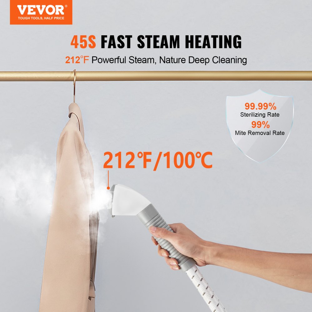 VEVOR Standing Steamer with Foldable Garment Hanger, 0.5Gallon Water Tank for 90 Minutes Continuous Steaming, Heats in 45 Seconds & Auto-Stop with Fabric Brush Aluminum Rod and Easy-roll Wheels