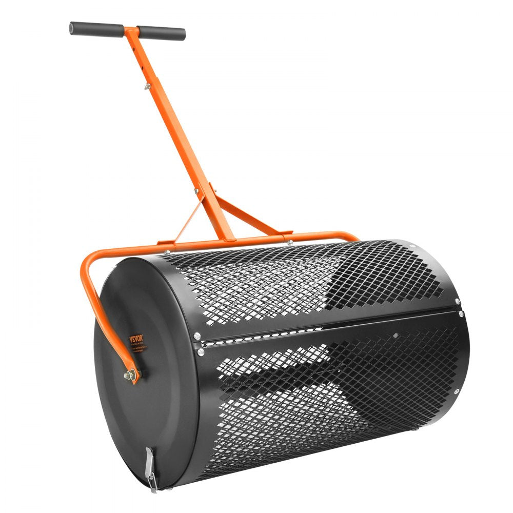 VEVOR Compost Spreader and Peat Moss Spreader, 24" Roller Lawn Spreader with Height Adjustable T Shaped Handle, Steel Mesh Basket Garden Spreader with Side Latches, for Spreading Manure Topsoil, Black