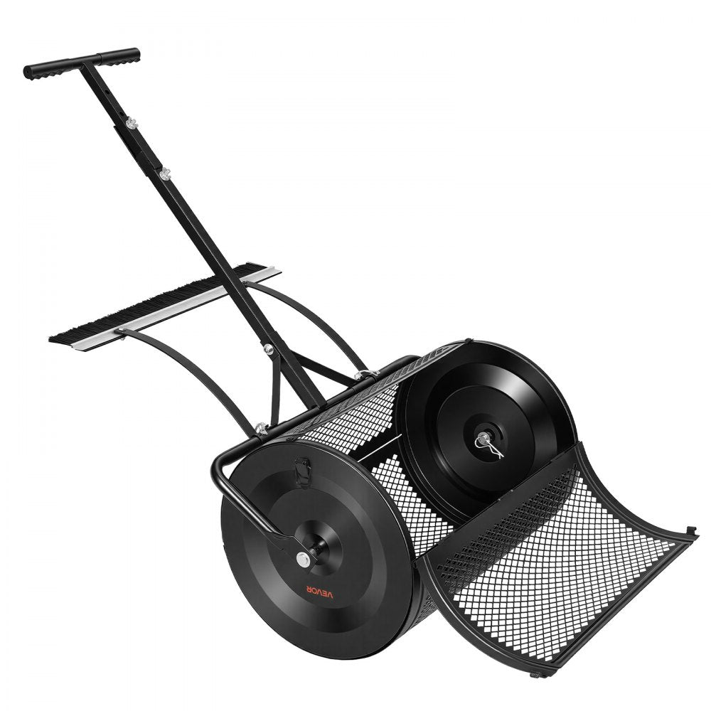 VEVOR Compost Spreader, 24" Wide Peat Moss Spreader with Push/Tow Handle & Brush, 4 Heights Adjustable, Powder-Coated Steel Garden Peat Moss Roller, Heavy Duty Grass Seed Roller for Planting Seeding
