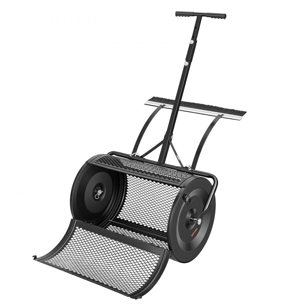 VEVOR Compost Spreader, 24" Wide Peat Moss Spreader with Push/Tow Handle & Brush, 4 Heights Adjustable, Powder-Coated Steel Garden Peat Moss Roller, Heavy Duty Grass Seed Roller for Planting Seeding