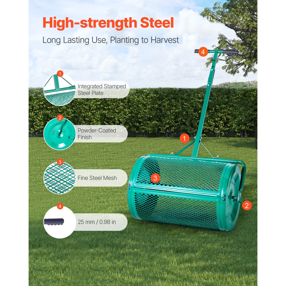 VEVOR Compost Spreader, 24 in Wide Peat Moss Spreader with Push/Tow Handle, 4 Heights Adjustable, Powder-Coated Steel Garden Peat Moss Roller, Heavy Duty Grass Seed Spreaders for Planting Seeding
