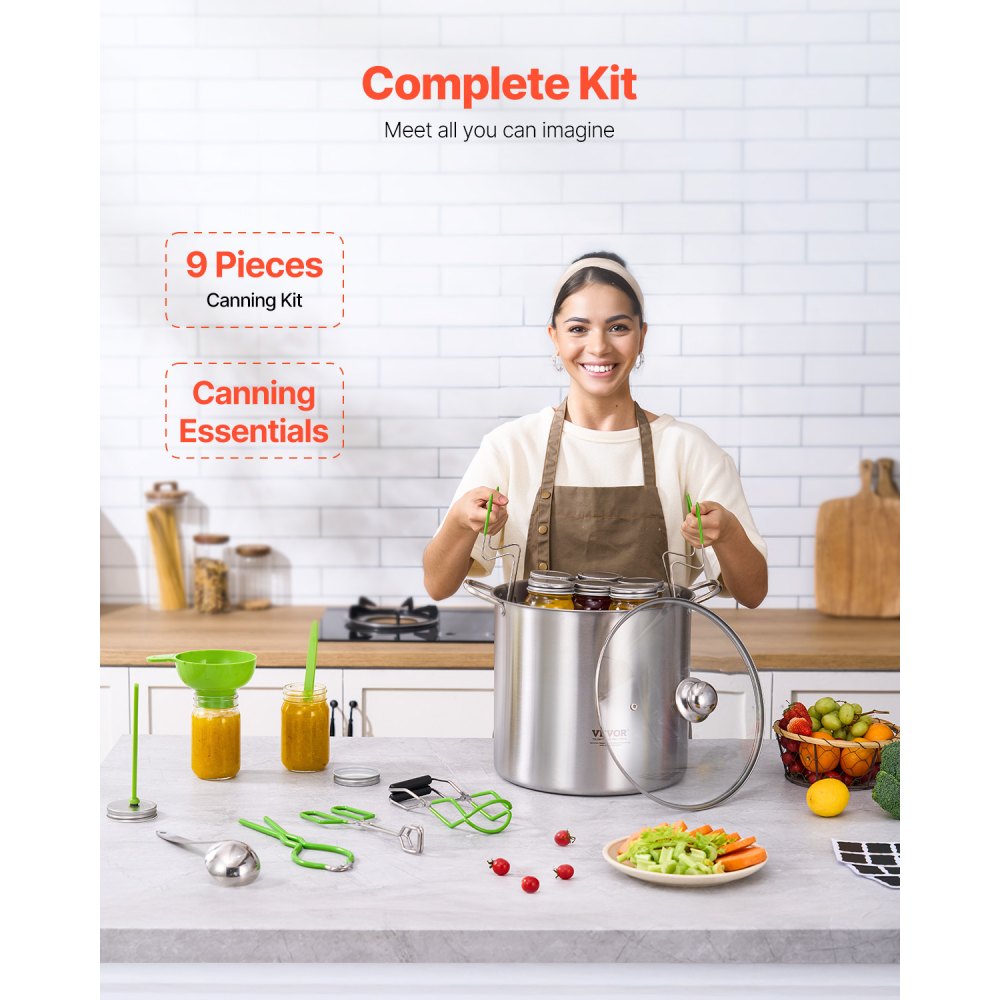 VEVOR Canning Supplies Starter Kit, 9 Pieces Stainless Steel Water Bath Canning Kit for Beginners, Canning Tools Set: Pot, Rack, Lid, Funnel, Tongs, Jar Lifter, Wrench, Magnetic Wand, Bubble Propper