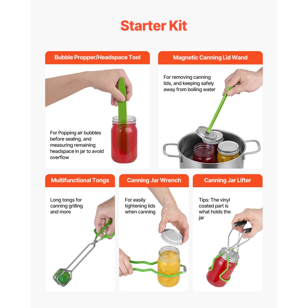 VEVOR Canning Supplies Starter Kit, 9 Pieces Stainless Steel Water Bath Canning Kit for Beginners, Canning Tools Set: Pot, Rack, Lid, Funnel, Tongs, Jar Lifter, Wrench, Magnetic Wand, Bubble Propper