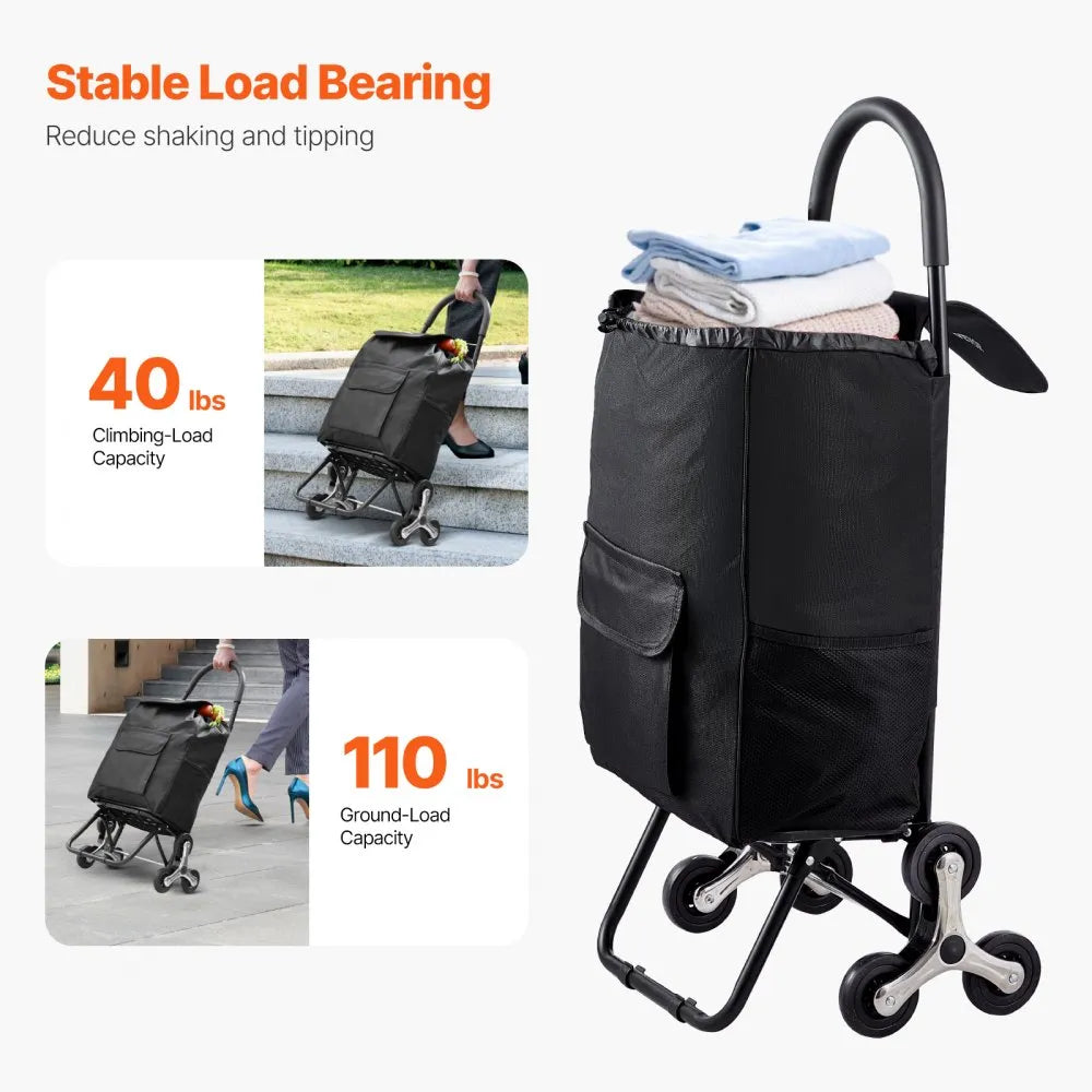 VEVOR Stair Climber Trolley Dolly, 36L Folding Shopping Cart, Grocery Cart Trolley Laundry Stair Climbing Handcart with 6 Wheels & Oxford Cloth Bag, Foldable Cart for Shopping Grocery Laundry, Black
