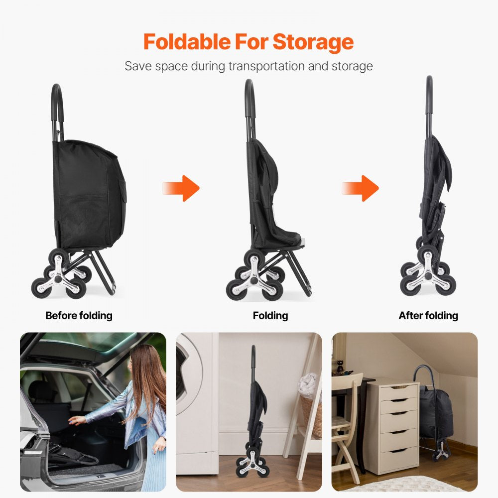 VEVOR Stair Climber Trolley Dolly, 36L Folding Shopping Cart, Grocery Cart Trolley Laundry Stair Climbing Handcart with 6 Wheels & Oxford Cloth Bag, Foldable Cart for Shopping Grocery Laundry, Black
