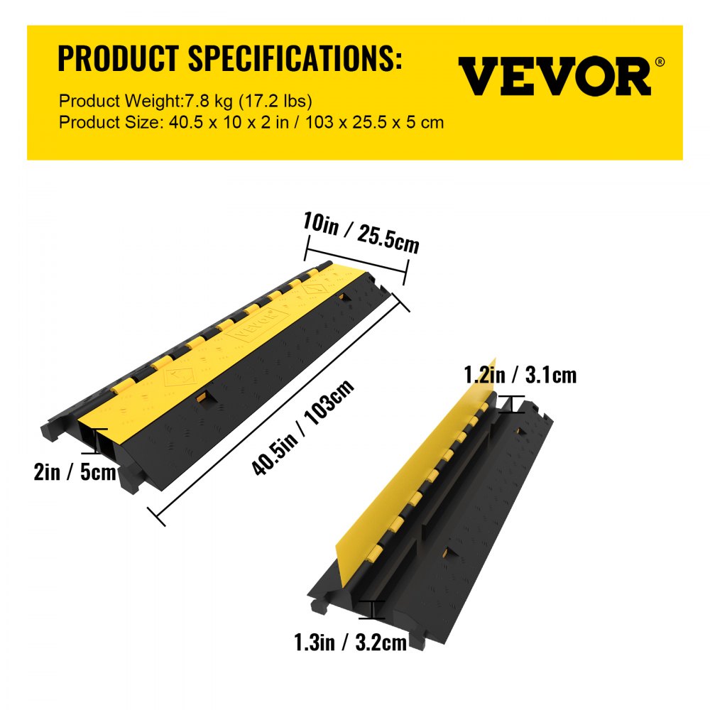 VEVOR 5-Set Rubber Cable Guard, Dual-Channel, Durable 66,000 lbs Capacity, Wire & Hose Protection Speed Bump for Driveways (2-Channel, 5 Sets-66,000 lbs)
