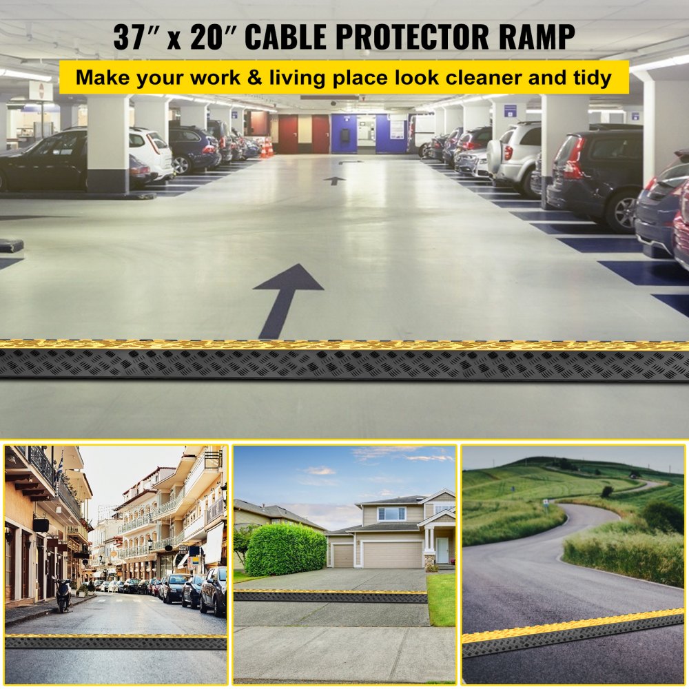VEVOR Rubber Cable Guard, 3-Channel, 2 x 2.3 in - Durable Cord Protection Ramp for Driveways, 6600 lbs Capacity