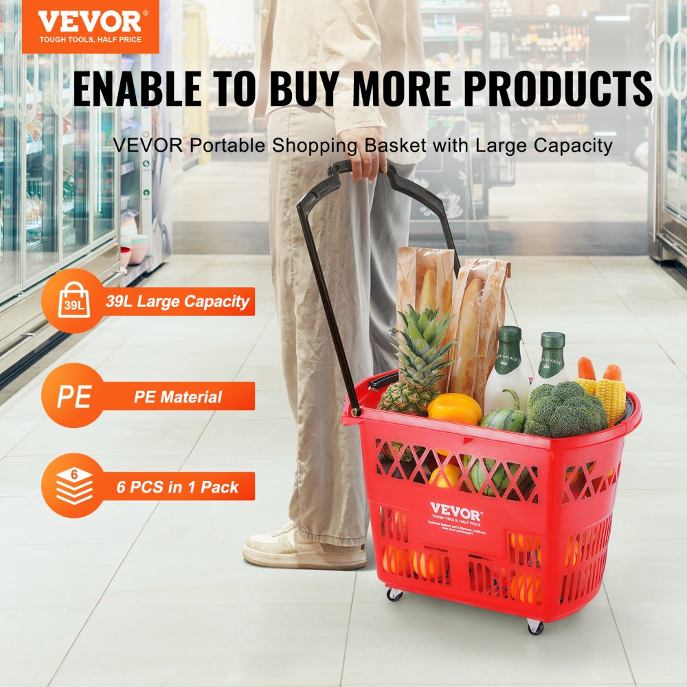 VEVOR Shopping Baskets, 6PCS, 39L Shopping Carts with Handles, Plastic Rolling Shopping Basket with Wheels, Large Portable Shopping Basket Set for Supermarkets, Retail Stores, Grocery Shopping, Red