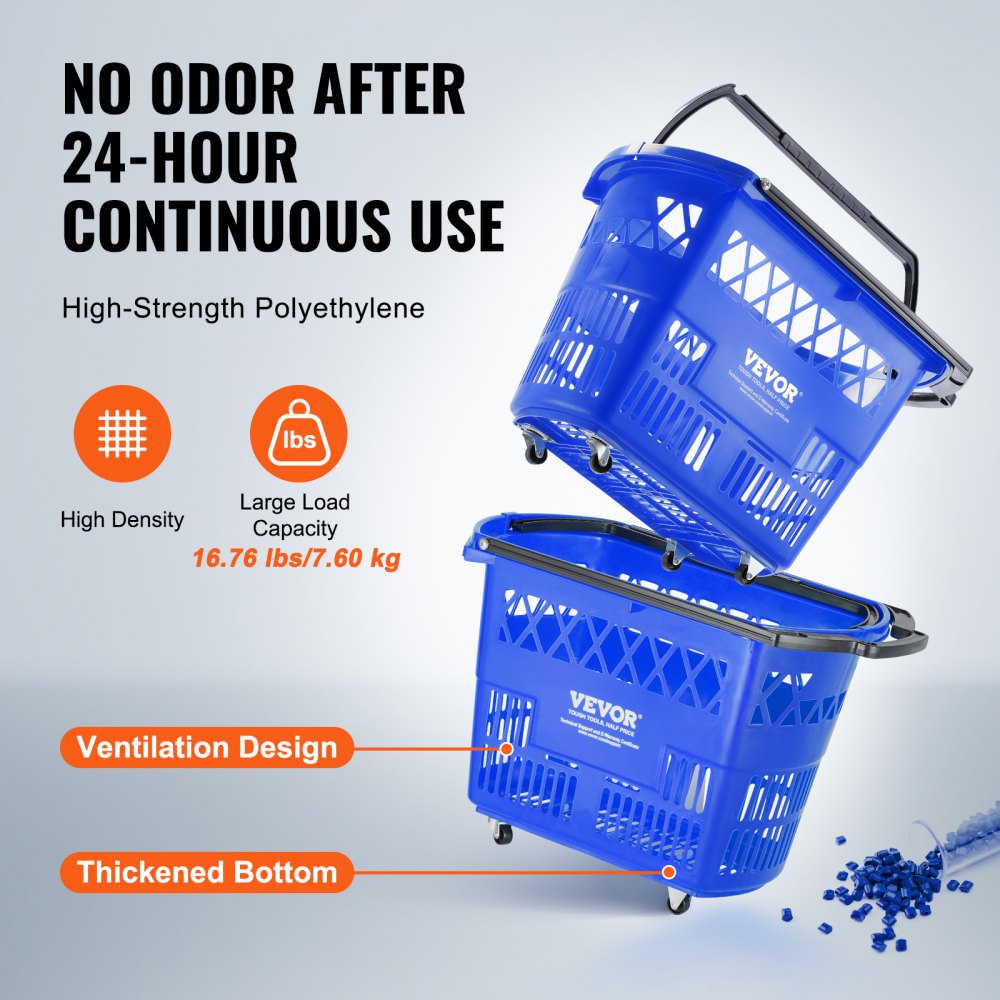 VEVOR Shopping Baskets, 6PCS, 39L Shopping Carts with Handles, Plastic Rolling Shopping Basket with Wheels, Large Portable Shopping Basket Set for Supermarkets, Retail Stores, Grocery Shopping, Blue