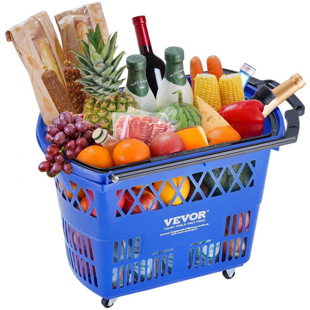 VEVOR Shopping Baskets, 6PCS, 39L Shopping Carts with Handles, Plastic Rolling Shopping Basket with Wheels, Large Portable Shopping Basket Set for Supermarkets, Retail Stores, Grocery Shopping, Blue