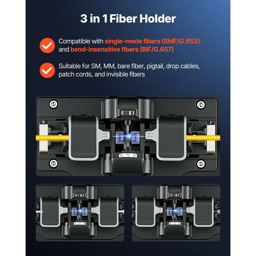 VEVOR Fiber Fusion Splicer 6 Motors with 6s Splicing & 15s Heating, 7800mAh Core Alignment Fiber Optical Splicer, 5" Touch Screen, 3 in 1 Fiber Holder, App Bluetooth Connectivity for SM MM DS NZDS