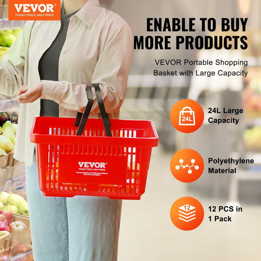 VEVOR Shopping Basket, Set of 12, 24L Durable Plastic Grocery Basket with Handle and Stand, 16.73 x 11.61 x 8.86 inch Portable Shop Basket Bulk Used for Retail Store Supermarket Grocery Shopping, Red