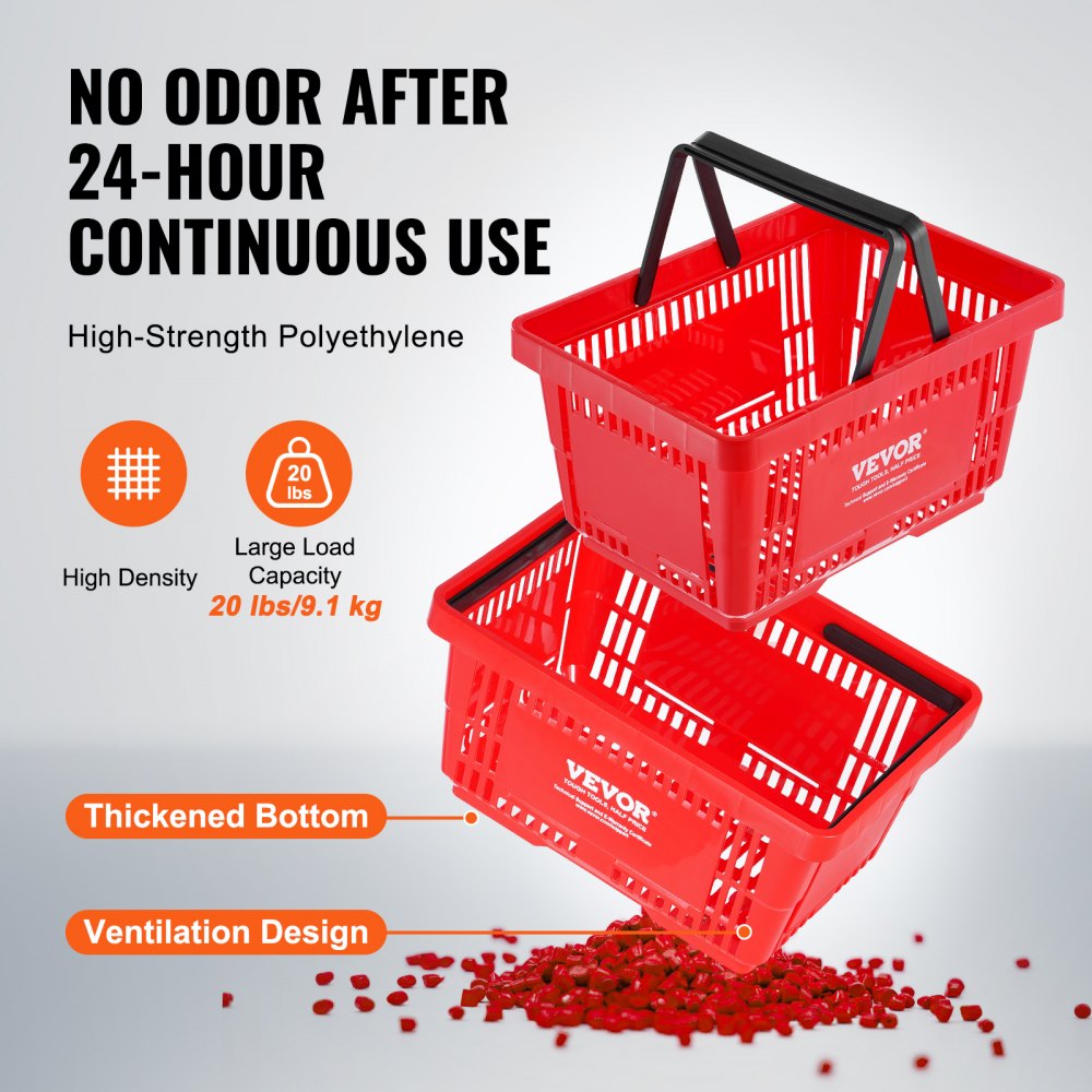 VEVOR Shopping Basket, Set of 12, 24L Durable Plastic Grocery Basket with Handle and Stand, 16.73 x 11.61 x 8.86 inch Portable Shop Basket Bulk Used for Retail Store Supermarket Grocery Shopping, Red