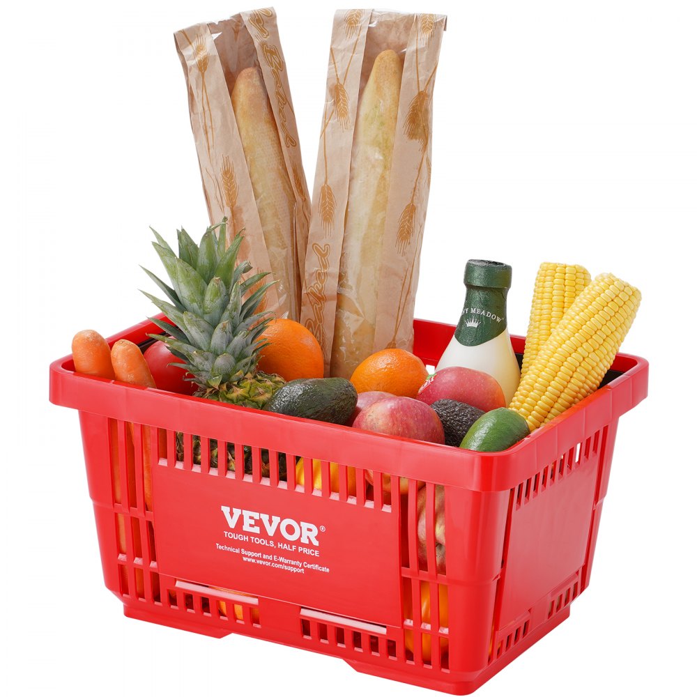 VEVOR Shopping Basket, Set of 12, 24L Durable Plastic Grocery Basket with Handle and Stand, 16.73 x 11.61 x 8.86 inch Portable Shop Basket Bulk Used for Retail Store Supermarket Grocery Shopping, Red
