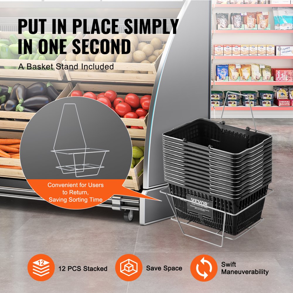 VEVOR Shopping Basket, Set of 12, 21L Durable Plastic Grocery Basket with Metal Handle and Stand, 16.73 x 12.01 x 8.58 inch Portable Shop Basket for Retail Store Supermarket Grocery Shopping, Black