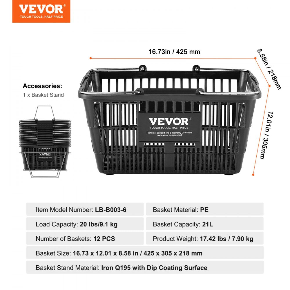 VEVOR Shopping Basket, Set of 12, 21L Durable Plastic Grocery Basket with Metal Handle and Stand, 16.73 x 12.01 x 8.58 inch Portable Shop Basket for Retail Store Supermarket Grocery Shopping, Black