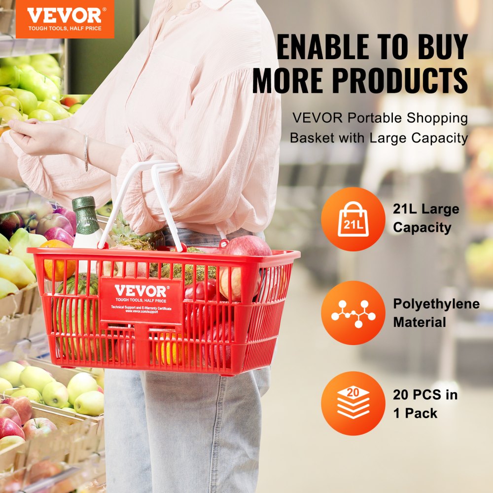VEVOR Shopping Basket, Set of 20, 21L Durable Plastic Grocery Basket with Handle and Stand, 16.5 x 11.8 x 8.27 inch Portable Shop Basket Bulk Used for Retail Store Supermarket Grocery Shopping, Red