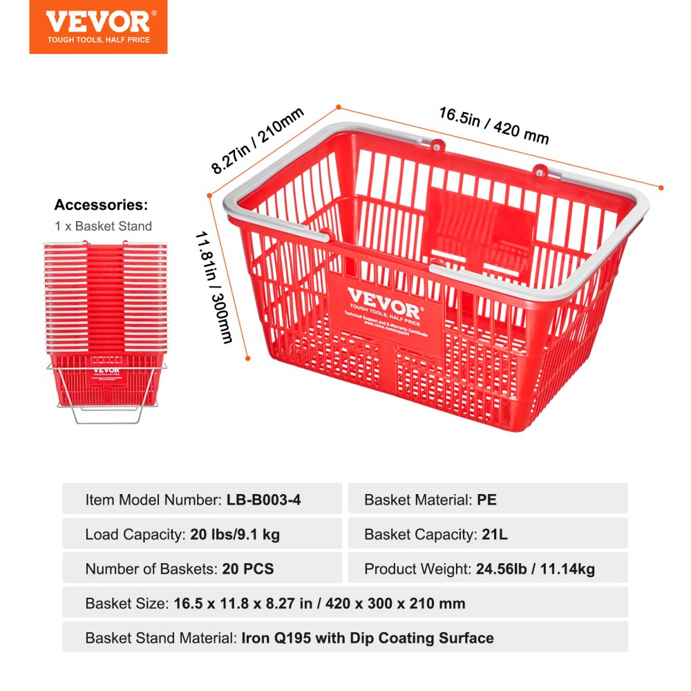 VEVOR Shopping Basket, Set of 20, 21L Durable Plastic Grocery Basket with Handle and Stand, 16.5 x 11.8 x 8.27 inch Portable Shop Basket Bulk Used for Retail Store Supermarket Grocery Shopping, Red