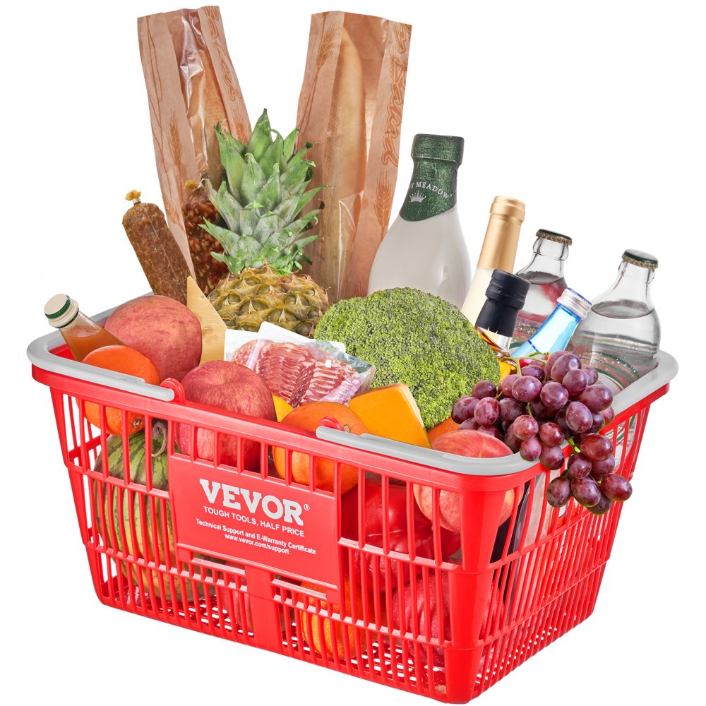 VEVOR Shopping Basket, Set of 20, 21L Durable Plastic Grocery Basket with Handle and Stand, 16.5 x 11.8 x 8.27 inch Portable Shop Basket Bulk Used for Retail Store Supermarket Grocery Shopping, Red
