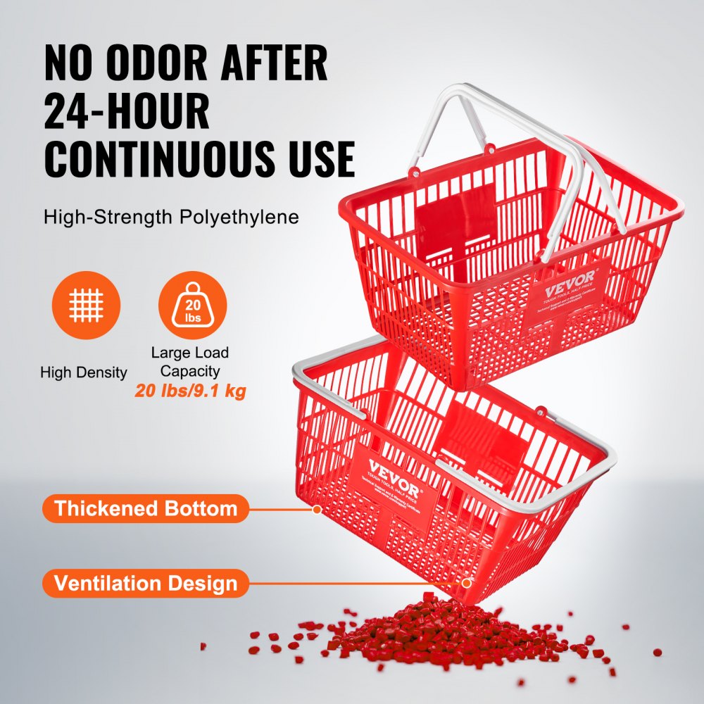 VEVOR Shopping Basket, Set of 12, 21L Durable Plastic Grocery Basket with Handle and Stand, 16.5 x 11.8 x 8.27 inch Portable Shop Basket Bulk Used for Retail Store Supermarket Grocery Shopping, Red